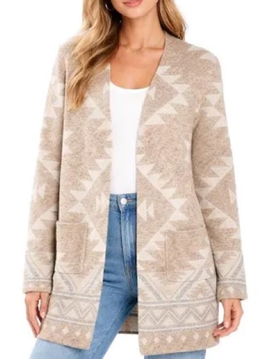 Frye Sweaters - Frye Beige and Cream Aztec Open-Front Cardigan